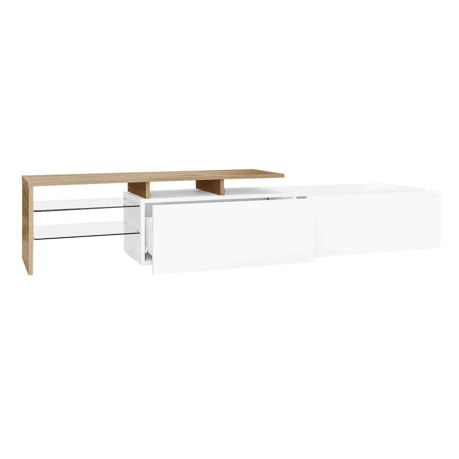 okwish TV Schrank mit Stauraum Glasböden LED Hochglanz 170x33x33.5cm Weiß
