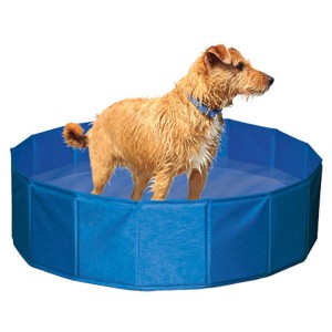 Blauer Kerbl Hundepool (Ø120 cm) mit Hund im Wasser zur Abkühlung.