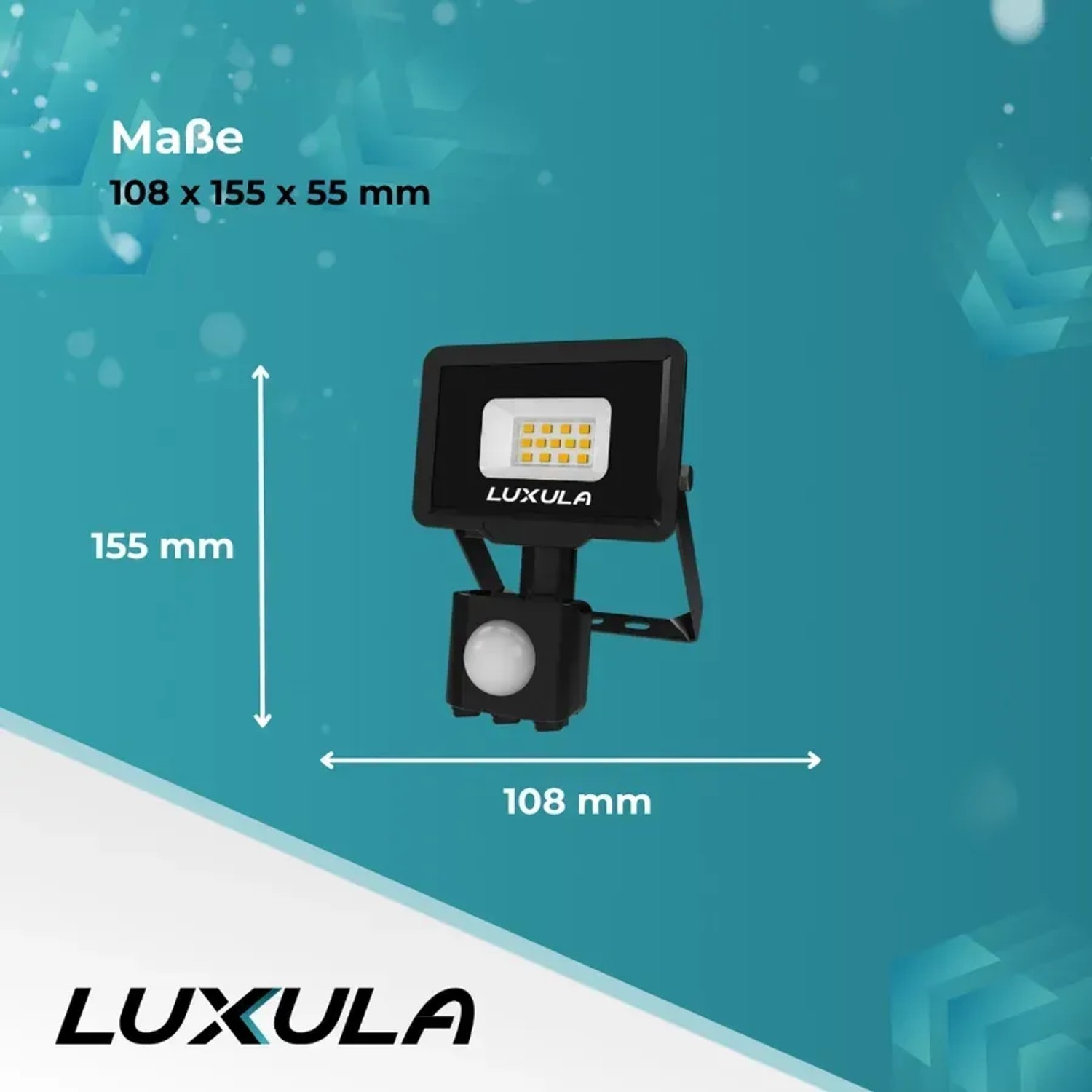 Schwarzer LUXULA LED Fluter mit Bewegungsmelder, 10W, warmweiß, für den Außenbereich.