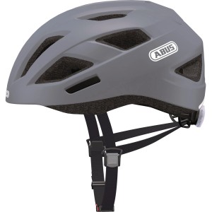 Grauer Abus City Fahrradhelm M mit Belüftungslöchern und Kinnriemen.