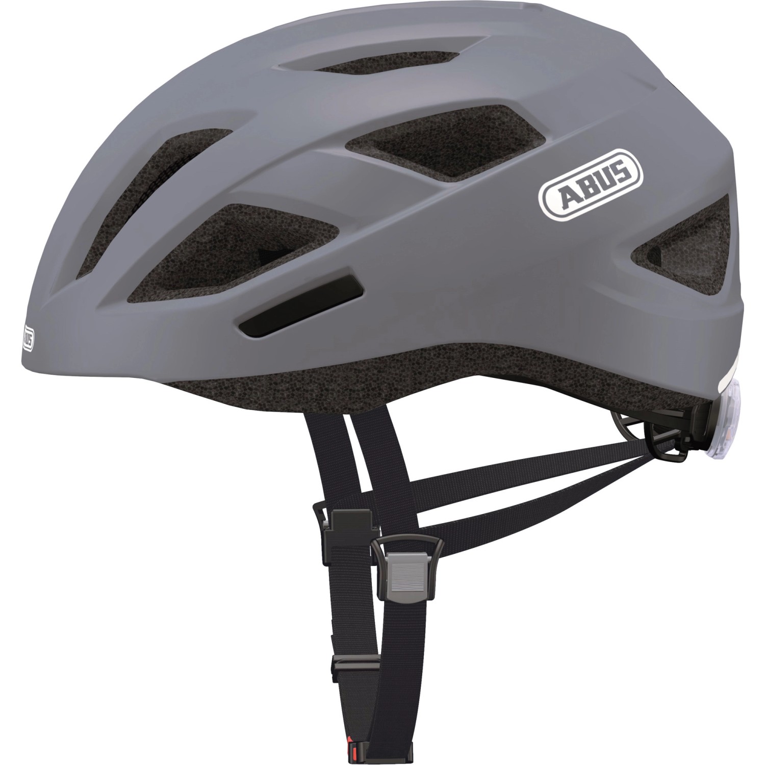 Grauer Abus City Fahrradhelm M mit Belüftungslöchern und Kinnriemen.