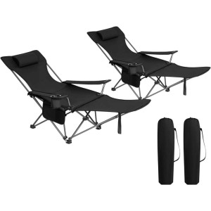 WOLTU Campingstuhl 2er Set mit Lehne Fußstütze Getränkehalter Oxford-Gewebe Schwarz