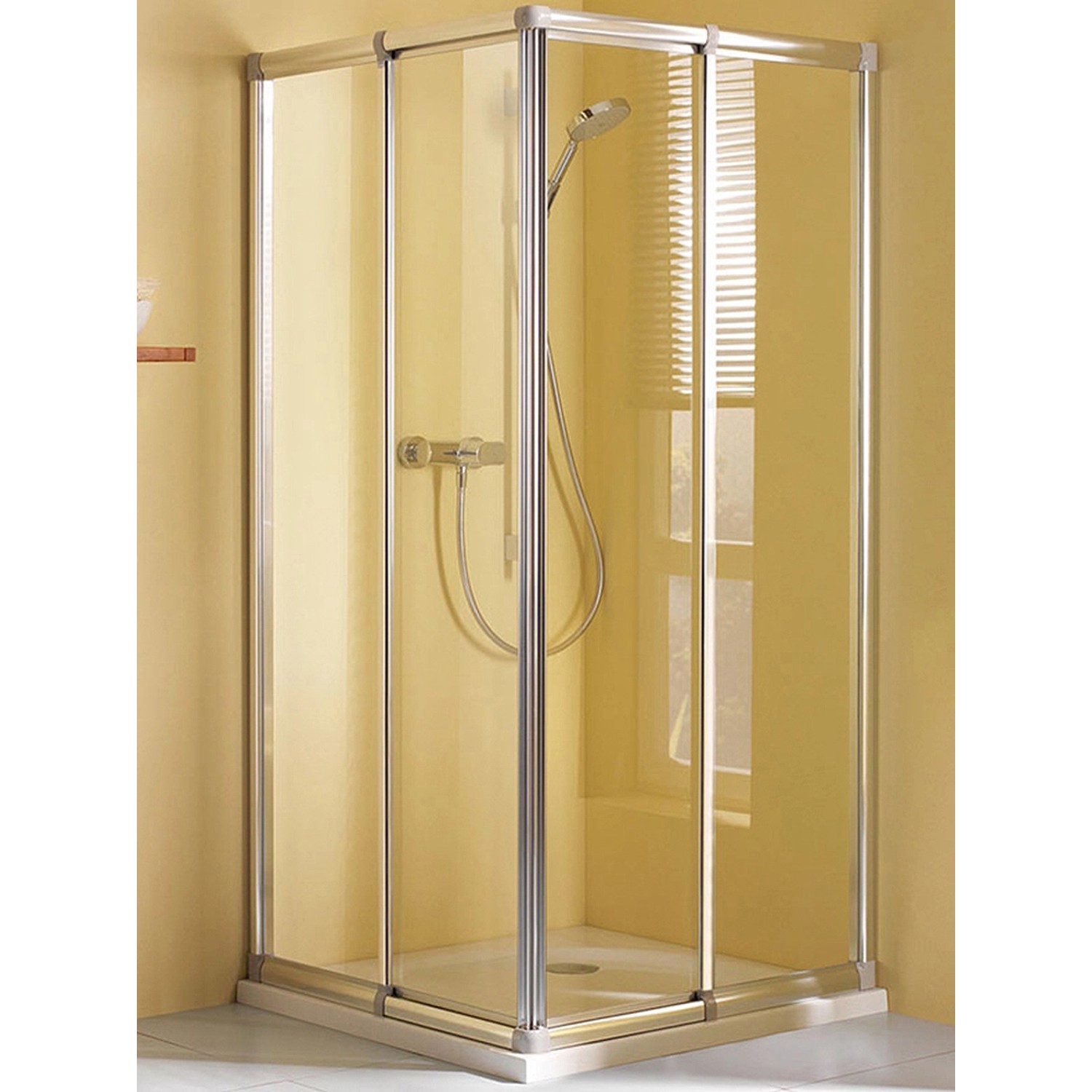 Breuer Fara Eckeinstieg mit Schiebetür, silber matt und Klarglas. Duschkabine für Bad.