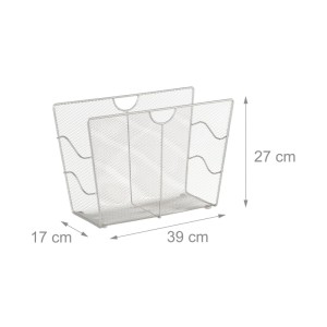Silberner Metall-Zeitungsständer mit Mesh-Design, 2 Fächern und Tragegriffen. Maße: 27x39x17 cm. Für Ordnung.