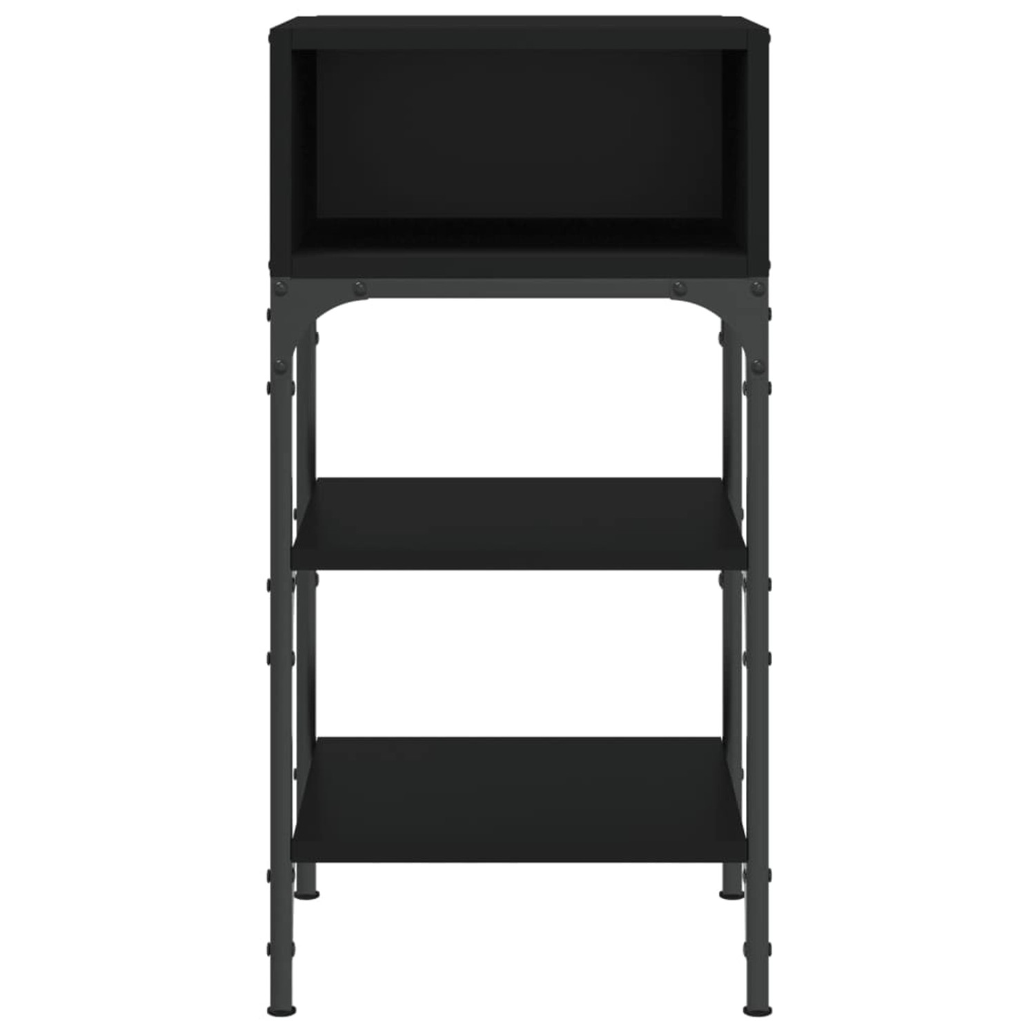 Zwei schwarze Nachttische (35x34,5x70 cm) aus Holzwerkstoff und Eisen. Nachttisch Set mit Regalen.