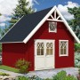 Rot gestrichenes Alpholz Gartenhaus Schwedenhaus mit weißer Tür und Fenster im Garten.