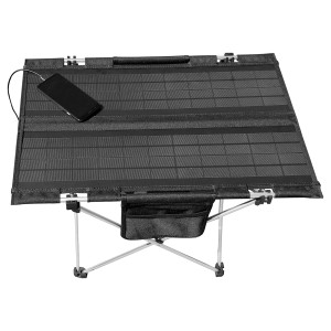 Technaxx Solar-Campingtisch TX-251, faltbar mit 20W Solarpanel und USB-Anschlüssen zum Aufladen von Geräten.