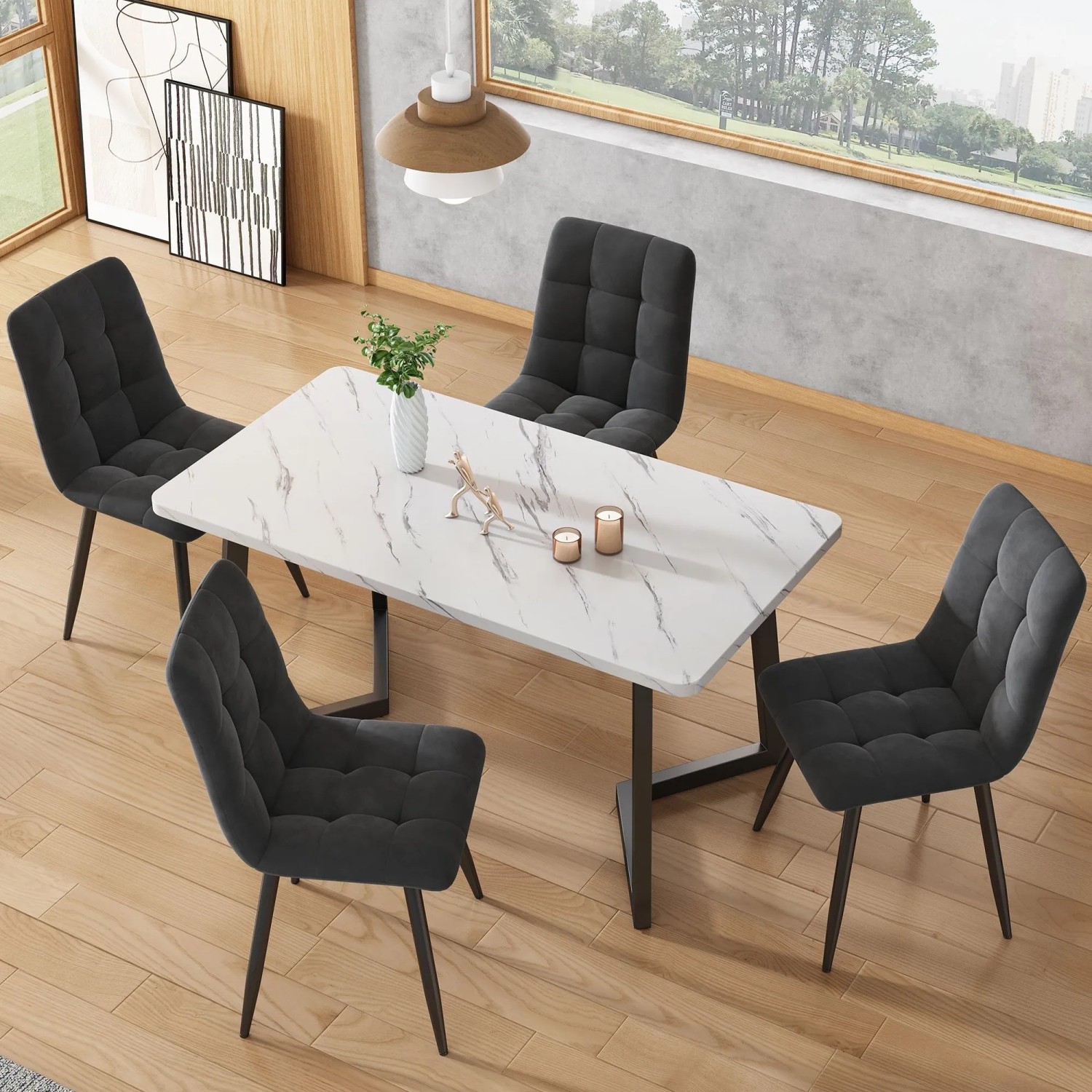 Merax Essgruppe 5-tlg mit 117cm Esstisch  4 Samtstühle Dunkelgrau  Tischbeine Schwarz_3