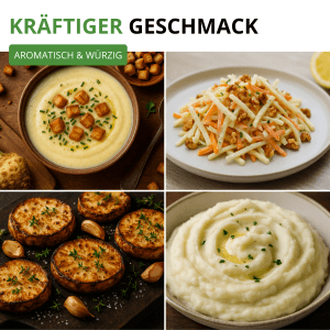 Collage verschiedener Knollensellerie-Gerichte: Suppe, Salat, gebraten, Püree. Deine Gartenwelt Gemüsesamen.