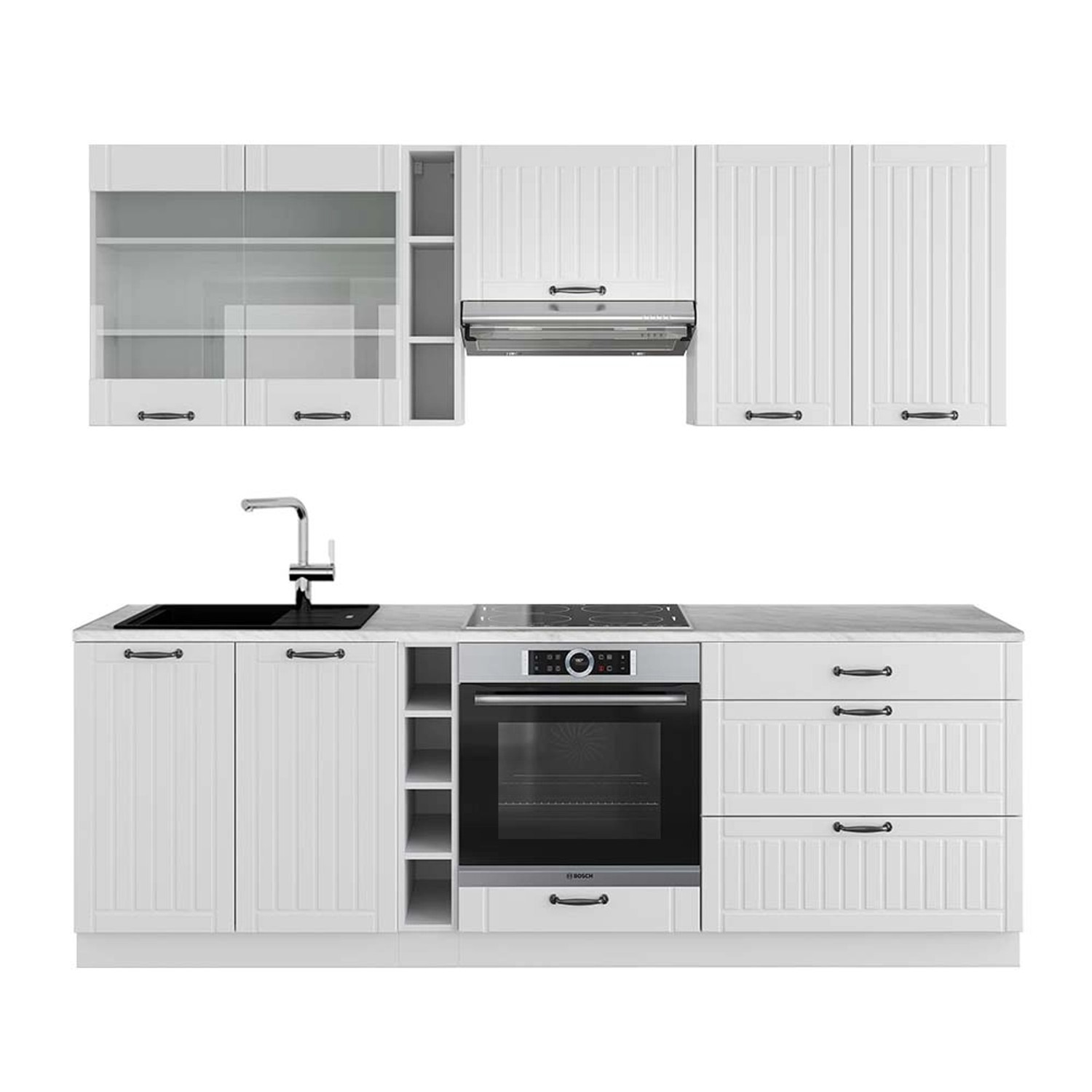 Vicco Fame-Line Küchenzeile Weiß Landhaus/Weiß 235 cm AP Marmor günstig online kaufen