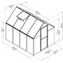 Skizze des CANOPIA Gewächshauses Silber 4,6 m² mit Maßangaben zu Höhe, Breite und Tiefe.