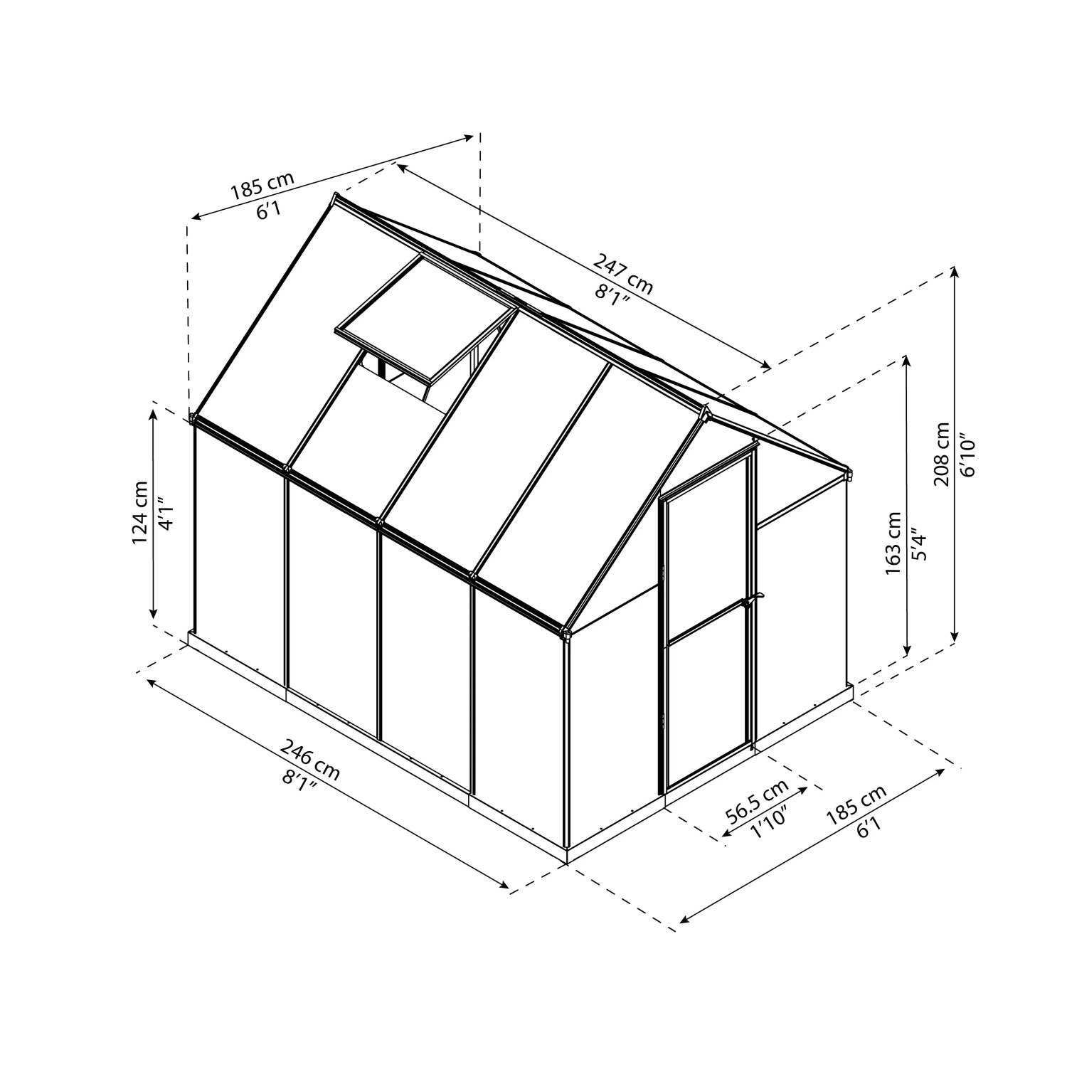 Skizze des CANOPIA Gewächshauses Silber 4,6 m² mit Maßangaben zu Höhe, Breite und Tiefe.