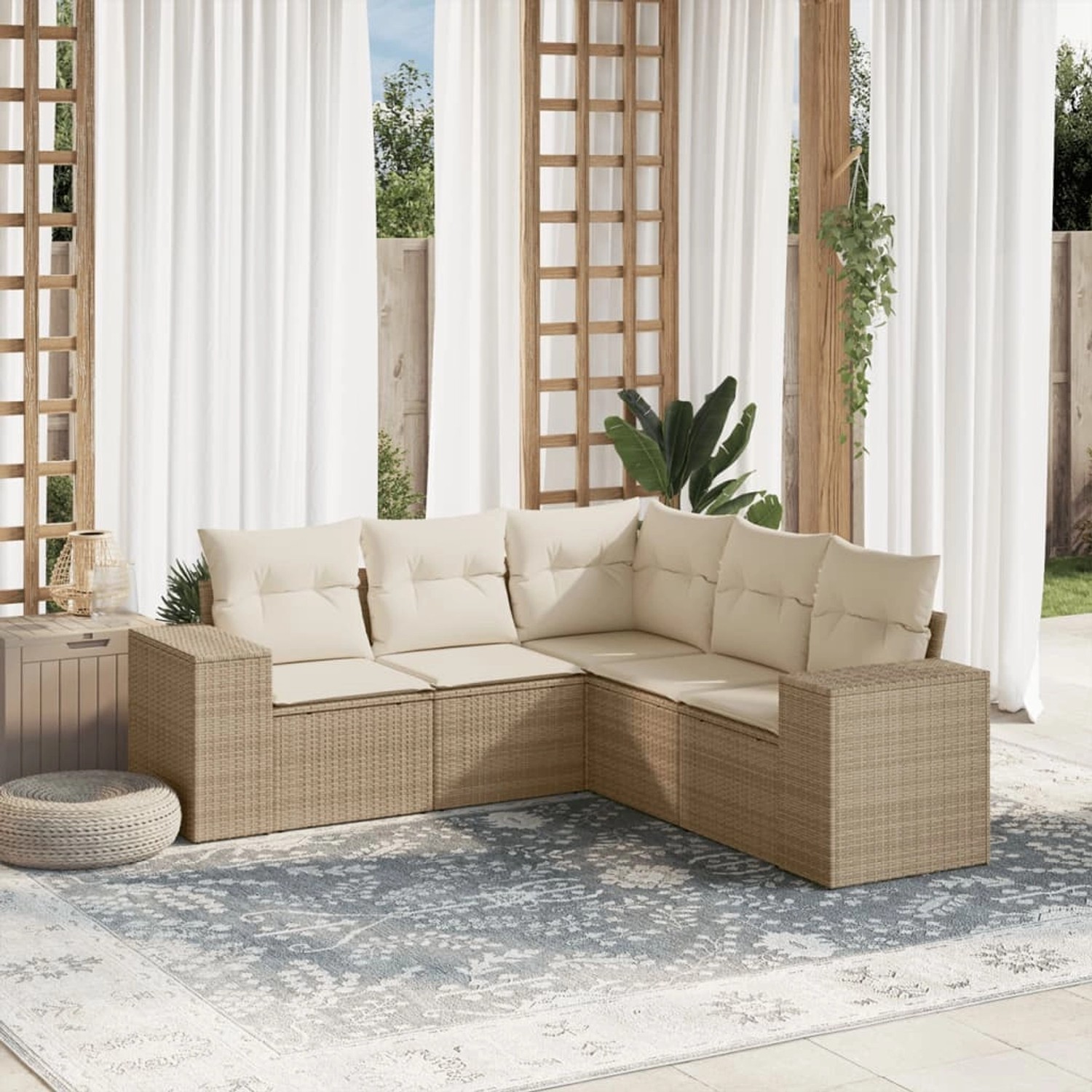 Beige 5-tlg. Garten-Sofagarnitur aus Poly Rattan mit Kissen. Modulare Gartenmöbel für Terrasse und Garten.