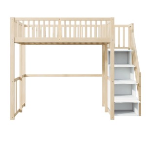 okwish Hochbett 140x200cm mit Sicherheitsleiter und Umrandung Natur ohne Matratze