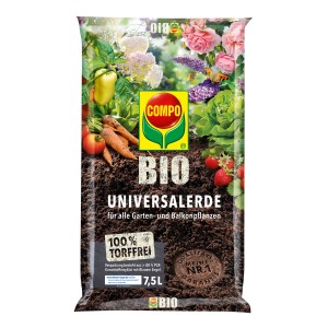 Sack Compo Bio Universal-Erde, torffrei, 7,5 l. Geeignet für Garten- und Balkonpflanzen.