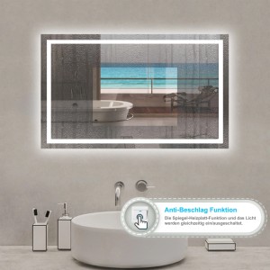 Aica Sanitär Badspiegel 140x80 cm mit LED-Beleuchtung in Kaltweiß und Antibeschlag-Funktion.