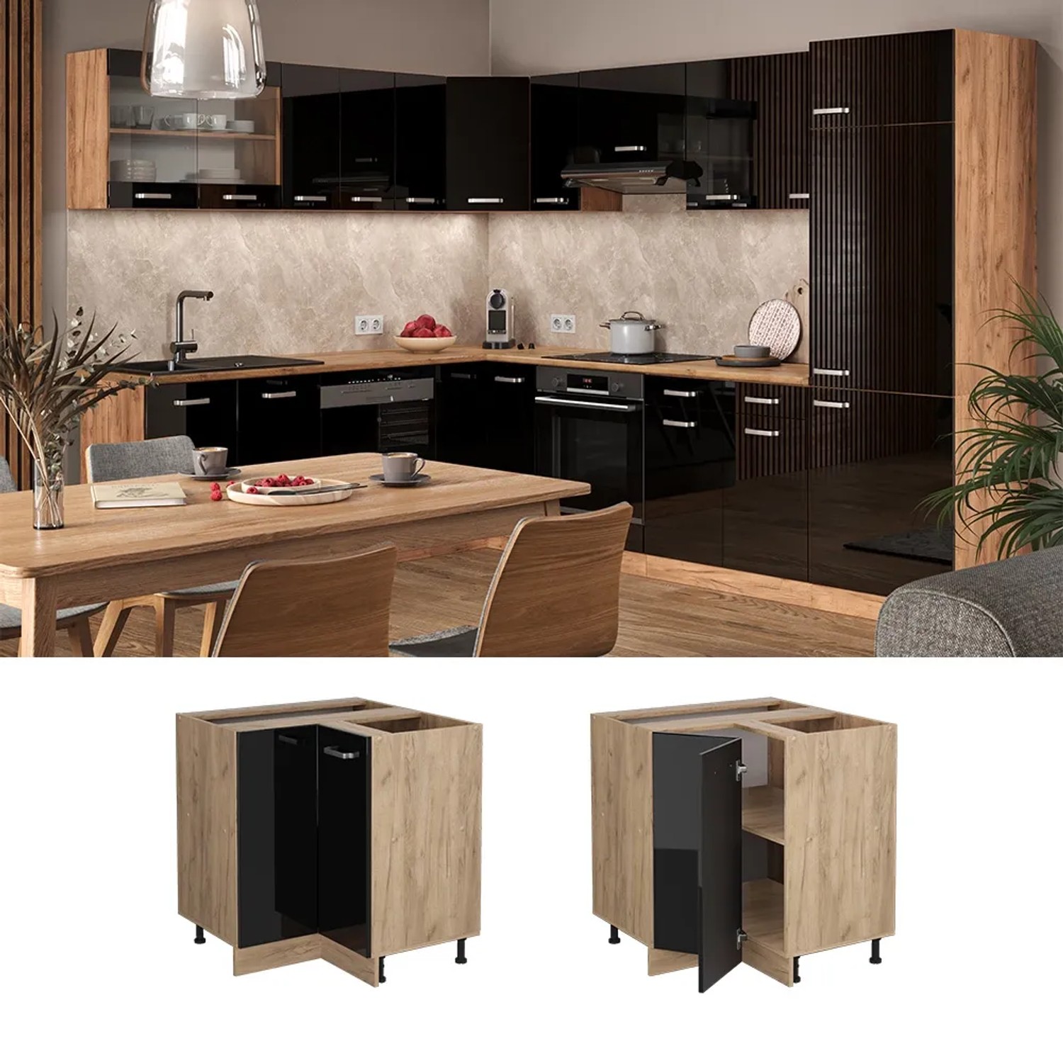 Vicco Eckunterschrank R-Line, schwarz/Eiche, mit Marmor Arbeitsplatte, 76 cm. Küchenschrank für Ecklösungen.