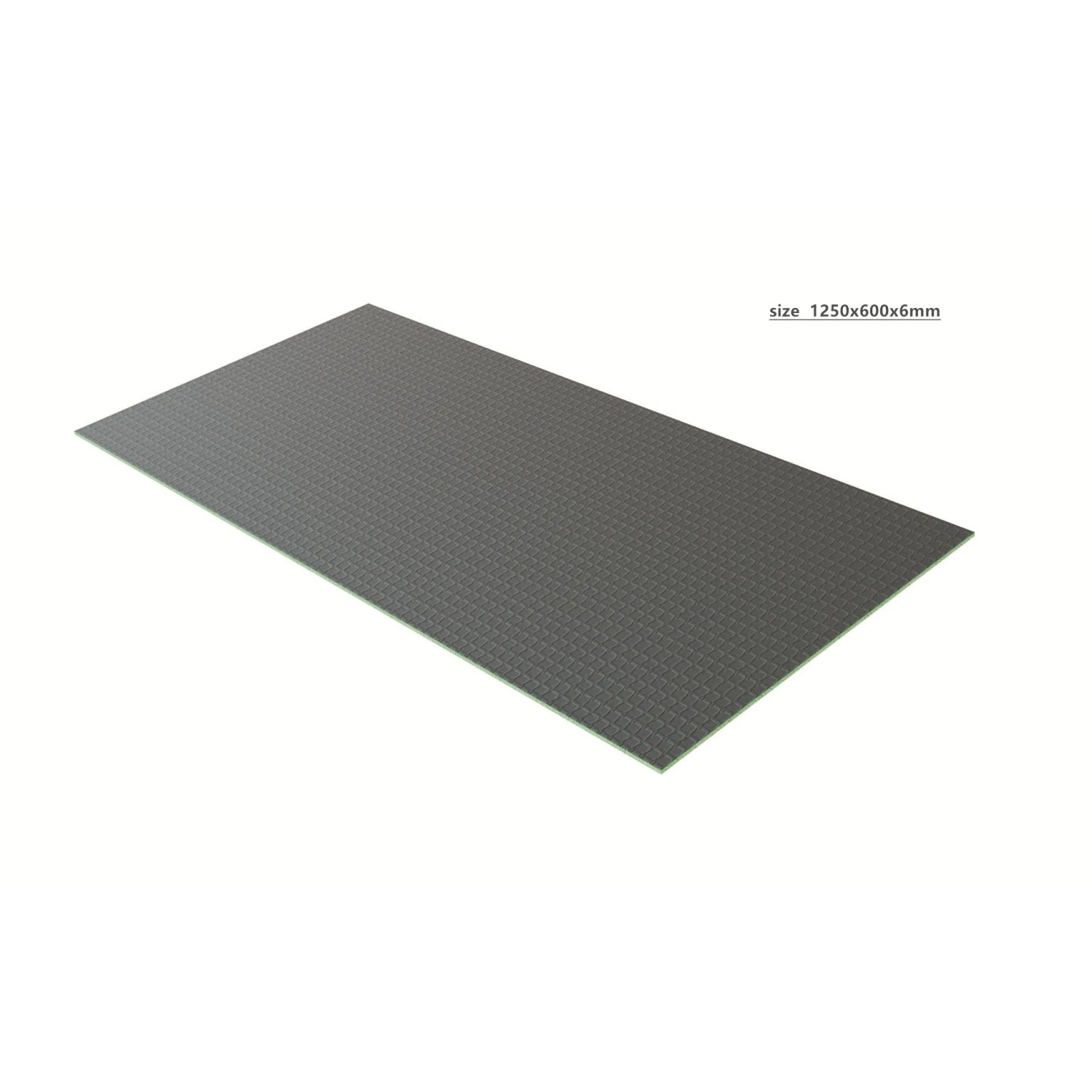Dunkelgraue XPS Fliesenplatte 1250x600x6mm mit strukturierter Oberfläche und grünem Rand.