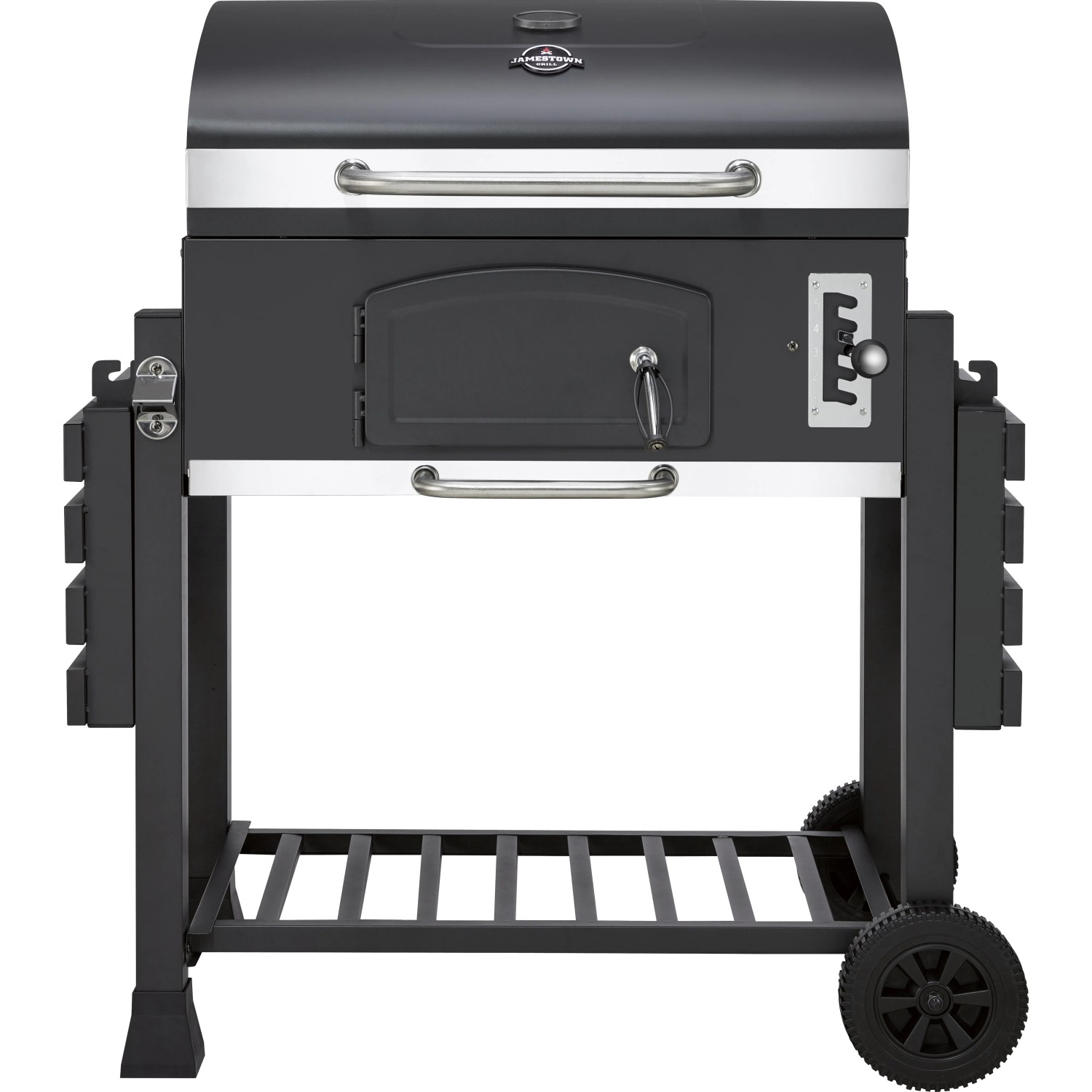 Schwarzer Jamestown Holzkohle-Grillwagen Jaxon XL mit Deckelthermometer und Ablageflächen.
