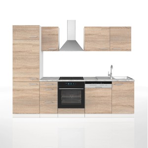 Vicco Optima Küchenzeile 270 cm in Sonoma Eiche, ohne Arbeitsplatte. Inkl. Spüle, Herd, Ofen und Dunstabzugshaube.