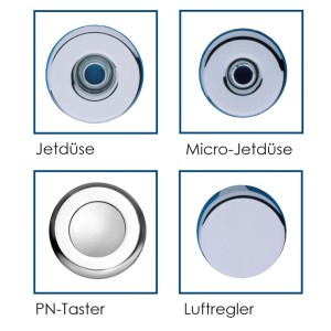 Vier chromfarbene Whirlpool-Badewannen-Komponenten: Jetdüse, Micro-Jetdüse, PN-Taster, Luftregler.