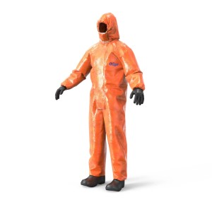 Oranger Dräger Schutzanzug Overall 4400 CLF für Labor, Chemikalien & Flüssigkeiten. Mit Kapuze & Handschuhen.