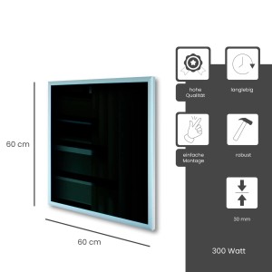 Schwarze Fenix Infrarotheizung ECOSUN Glasheizung 300W mit Alurahmen, 60x60cm. Elektrische Heizung.