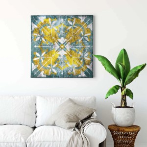 Türkis-gelbes Wandbild im Boho-Stil mit orientalischem Fliesenmuster für die Wanddekoration.