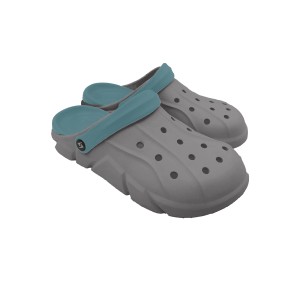 Scheibler Clog Mierlo, grau-blaue Arbeitsclogs mit Fersenriemen und Löchern.