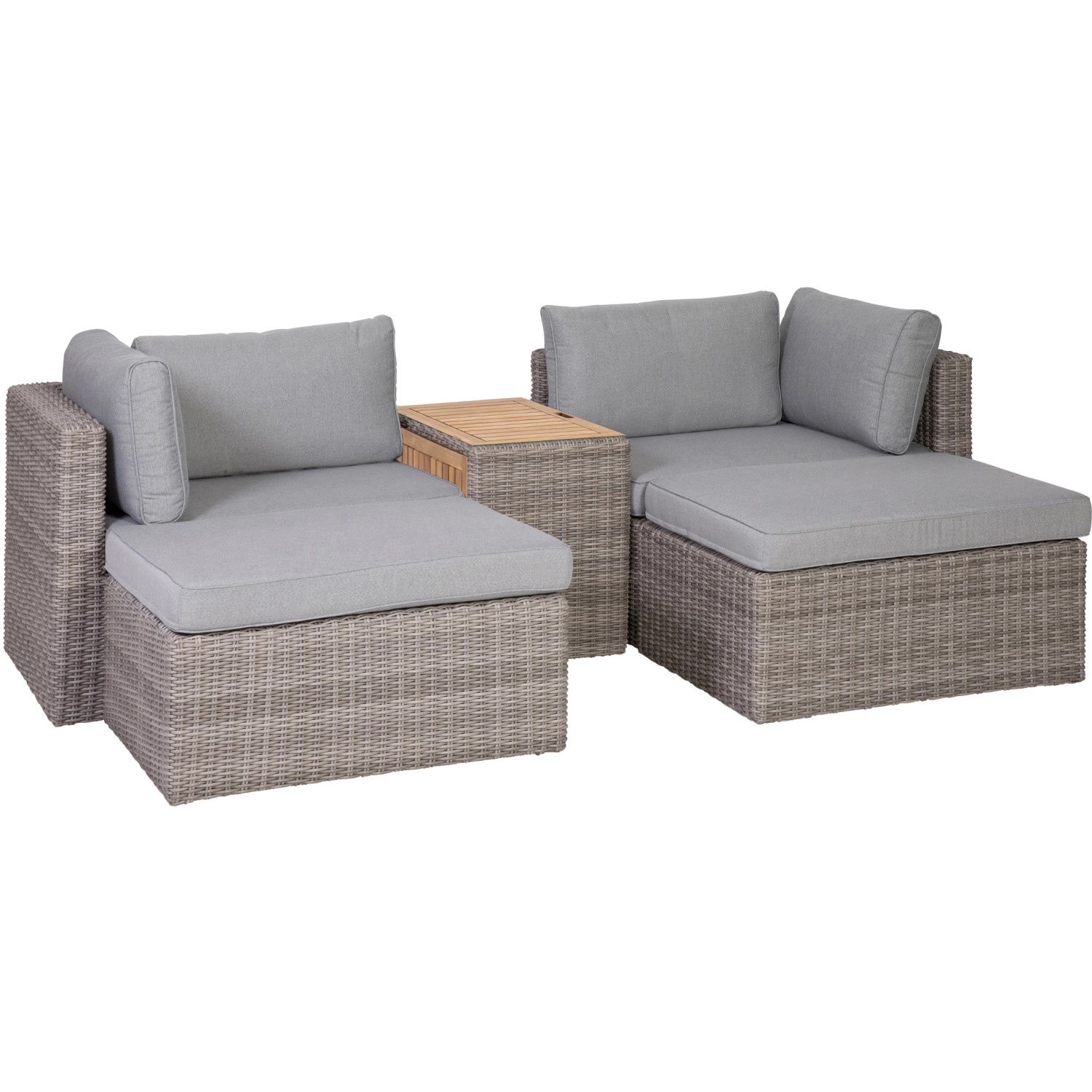 Graues Greemotion Lounge-Set Olea Wood, 5-teilig, mit Stahlgestell, Polyrattan und Akazienholz-Tisch.