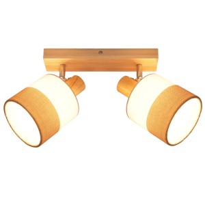 ZMH LED Deckenstrahler 2-flammig mit schwenkbaren Leinen-Schirmen und Holzoptik-Sockel. Vintage Lampe.