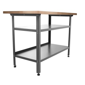 Ondis24 Werkbank Set mit Buchenholzplatte, grauem Metallgestell und zwei Ablageflächen. Ideal für die Werkstatt.