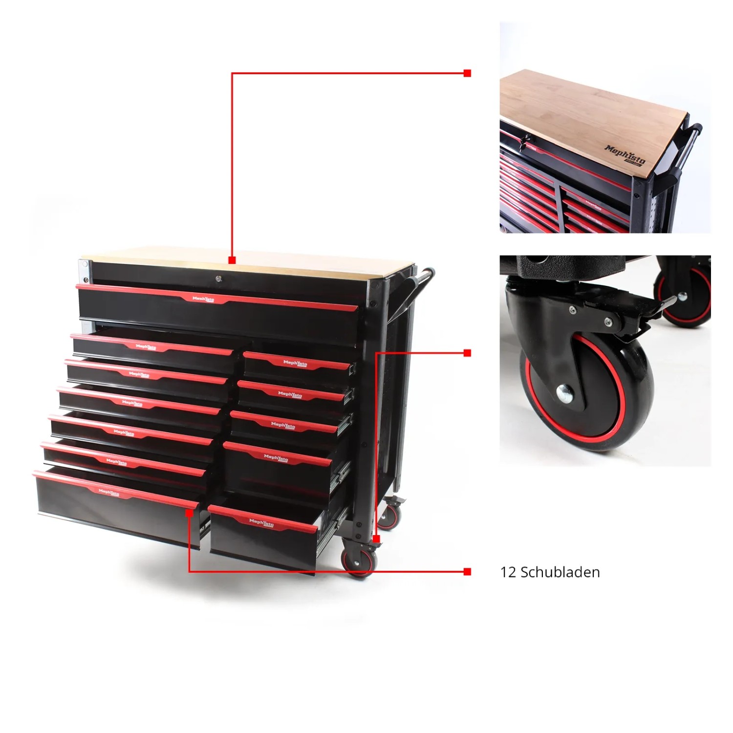 Mephisto Pro-Line Werkzeugwagen mit 12 Schubladen, schwarz/rot, mit Holzplatte und Rollen.