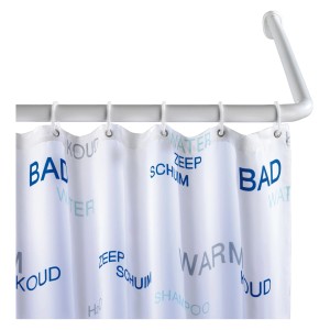 Weiße Wenko Winkel Duschstange Universal Extra Stark mit Duschvorhang.