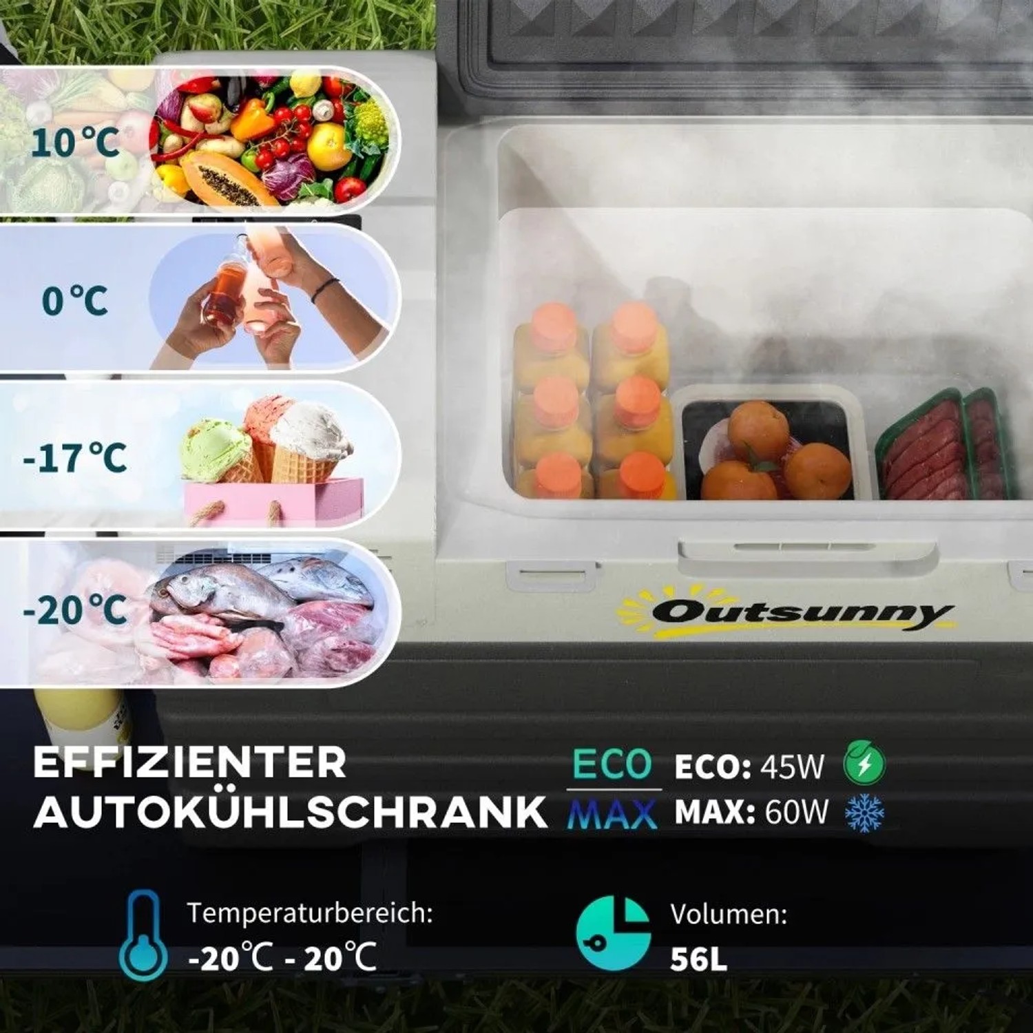 Outsunny Kompressor Autokühlbox, 56L, mit Lebensmitteln und Getränken. Flexible Temperaturregelung von -20°C bis 20°C.