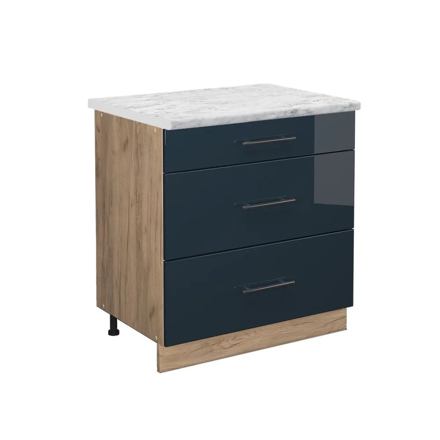 Vicco Küchenunterschrank Fame-Line DunkelBlau Hochglanz Goldkraft Eiche 80 cm mit 3 Schubladen AP Marmor