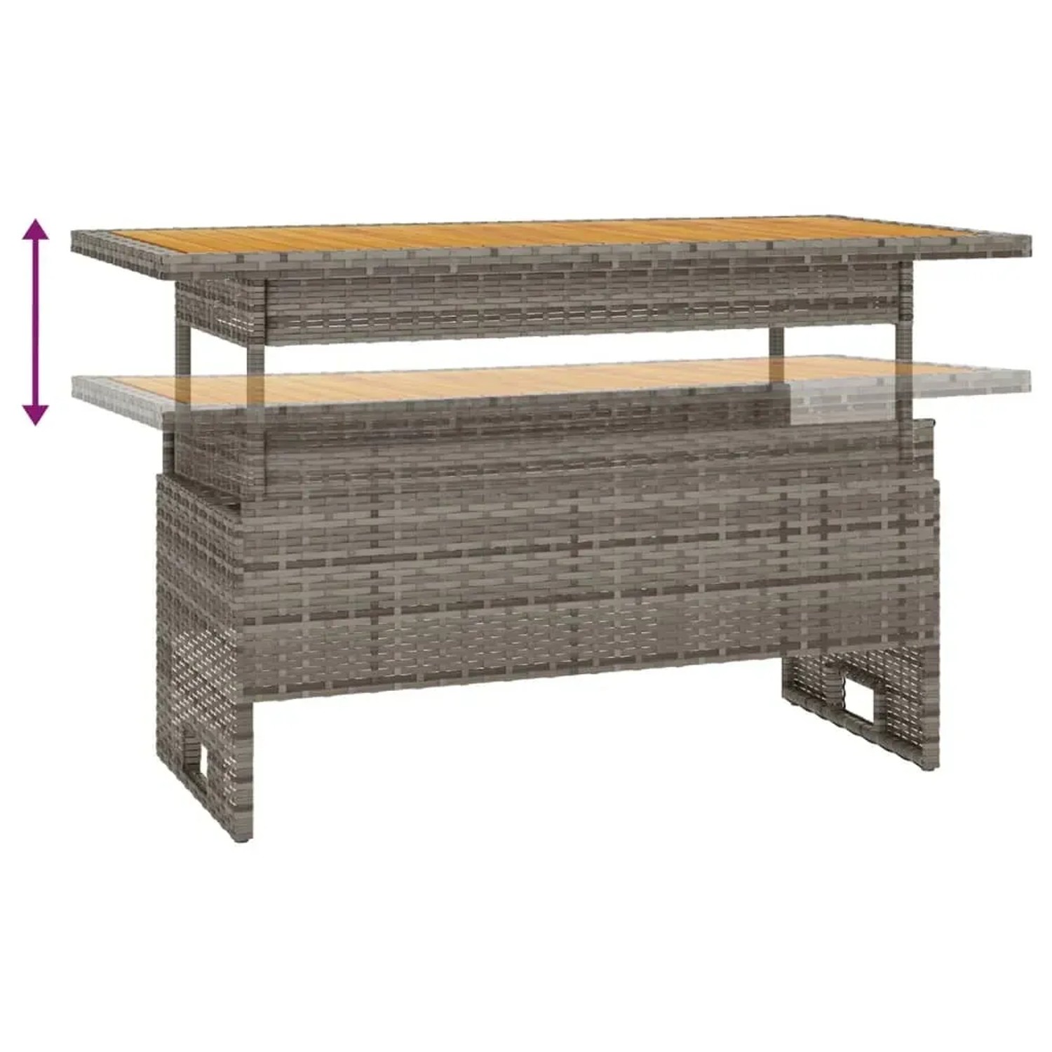 Verstellbarer Gartentisch aus grauem Rattan und Akazienholz, Teil des vidaXL 3-tlg. Lounge-Sets.
