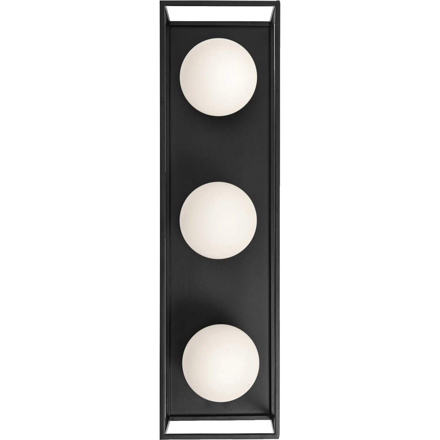 Moderne Ledvance Bad-Wandleuchte Decor Square, 3-flammig, schwarz mit weißen Glaskugeln.