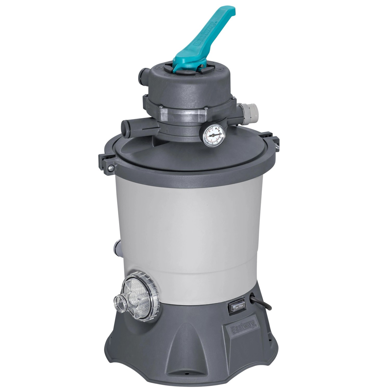 Bestway Sandfilteranlage für Pools, grau, mit Manometer und Vorfilter für sauberes Wasser.