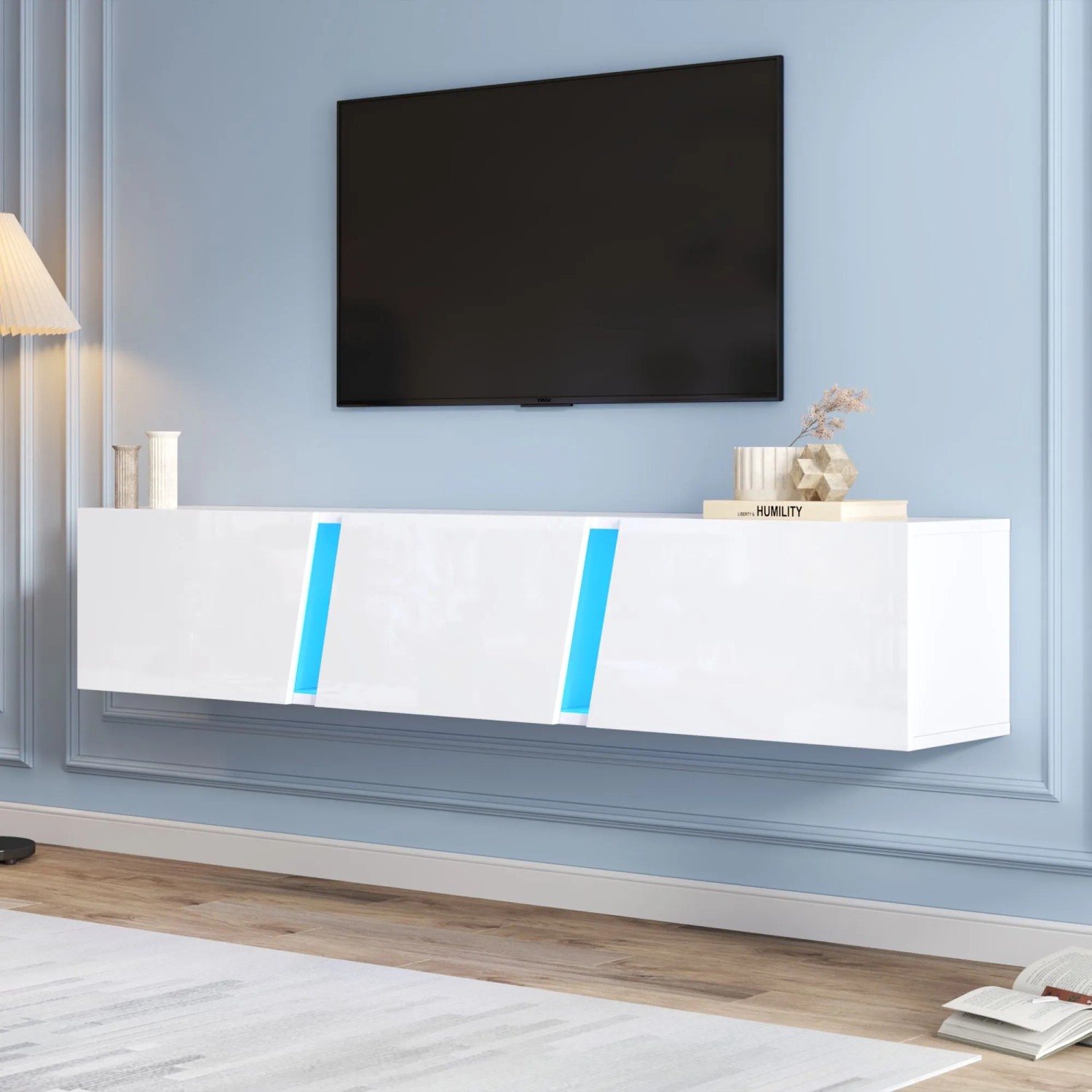 Merax TV Hängeschrank 180x35x30 cm LED 3 Türen Für 75 Zoll TV Weiß