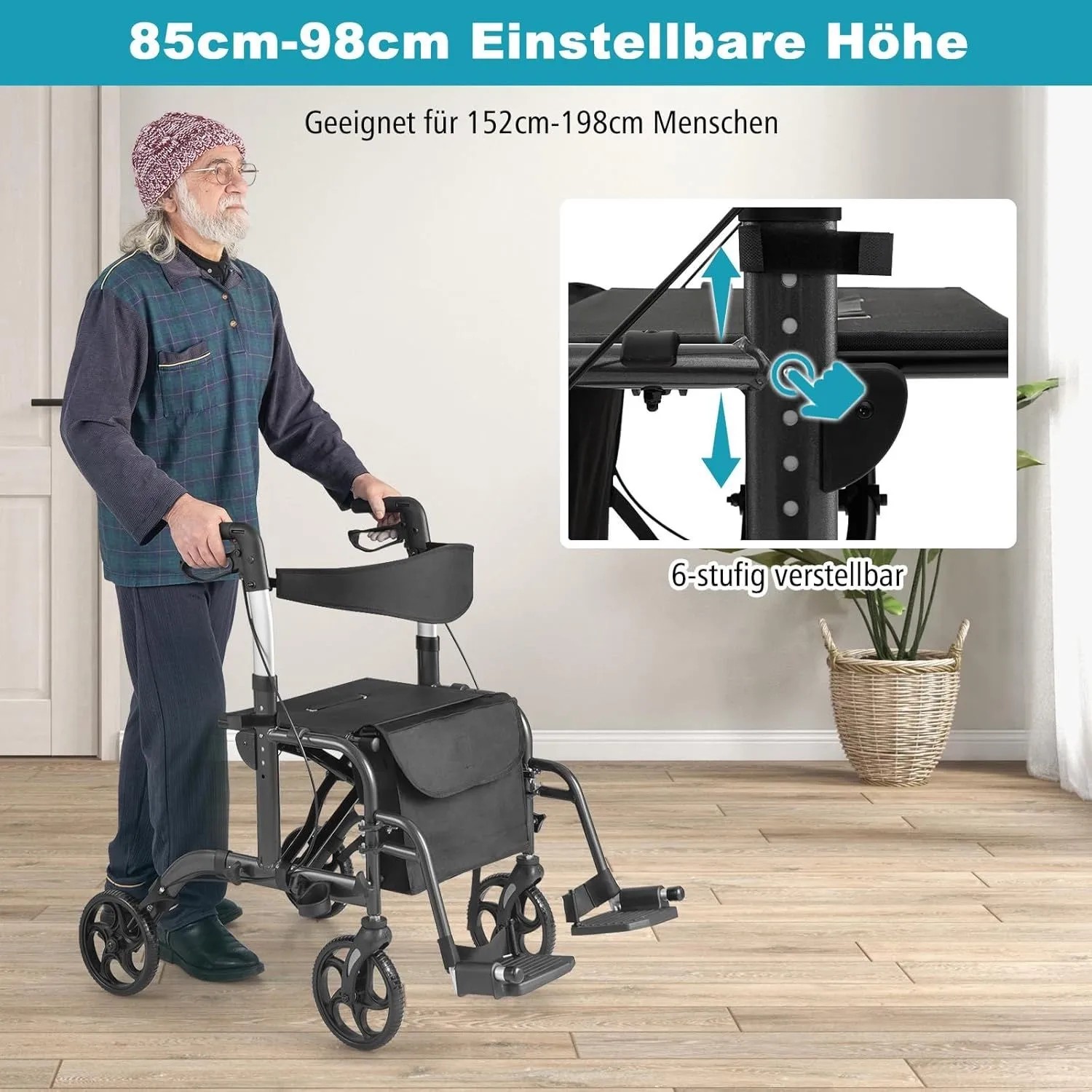Costway Rollator, faltbar, mit Sitz und Tasche, als Rollstuhl nutzbar.