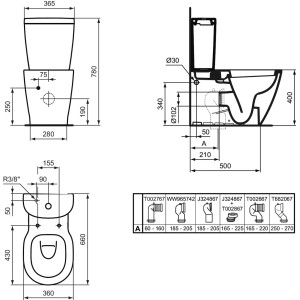 Technische Zeichnung: Ideal Standard Connect Arc Spülkasten, Maße und Details für Installation.