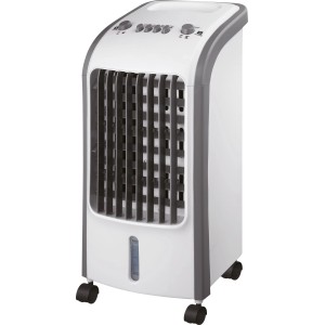 Weiß-grauer Luftkühler Cool Air LK-8026 mit Rollen, 3,5 l Tank und Bedienelementen.