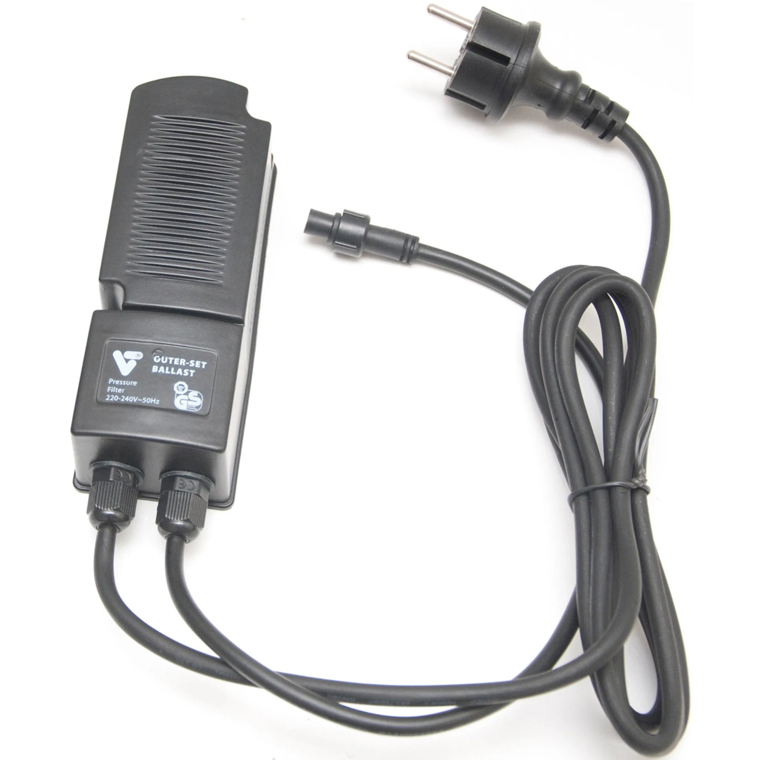 VT Druckfilter Pressure Filter 10000: Schwarzer Druckfilter mit Kabel und Stecker für Teichpumpen.