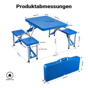 Wiltec Camping Sitzgruppe blau, Kunststoff/Aluminium, klappbar als Koffertisch, mit 4 Stühlen und Maßen.