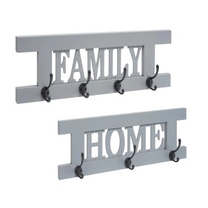 2-teilige Wandgarderobe im Shabby-Look, grau-blau, mit Schriftzug 'Family' und 'Home' und Metallhaken.