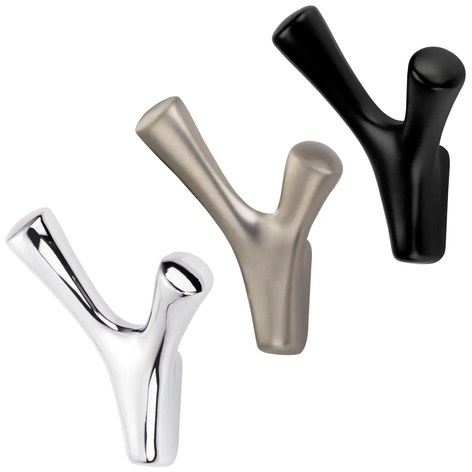 Drei SOTECH BICORNO Garderobenhaken aus Zinkdruckguss: Chrom, Edelstahloptik, Schwarz. Modernes Design für Kleidung.