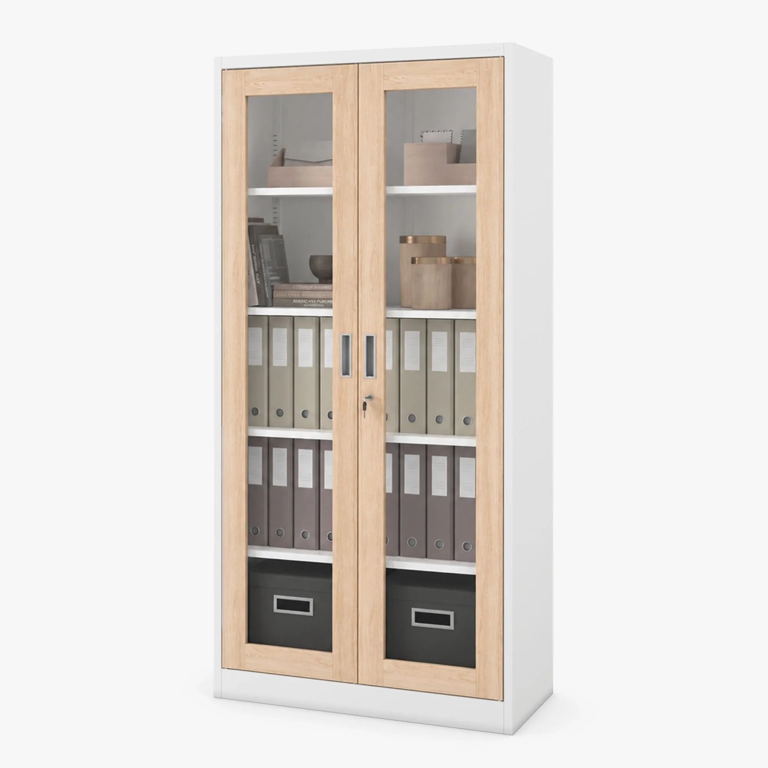 JAN NOWAK Metallschrank mit Vitrine AMELIA 185x90x40 cm Weiß Eiche Sonoma