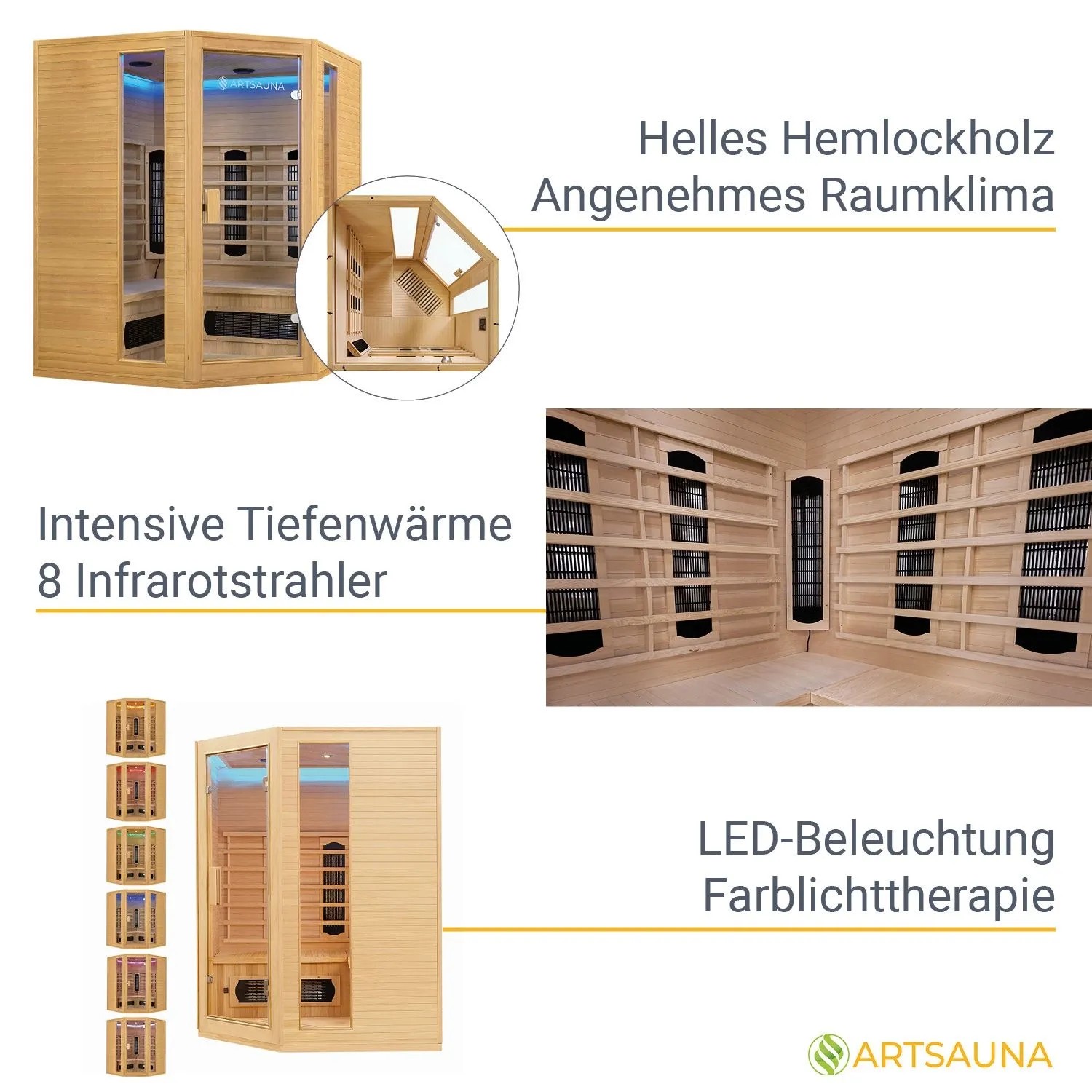 Artsauna Infrarotkabine Nyborg E150K mit Hemlockholz und Keramikstrahler für 4 Personen.