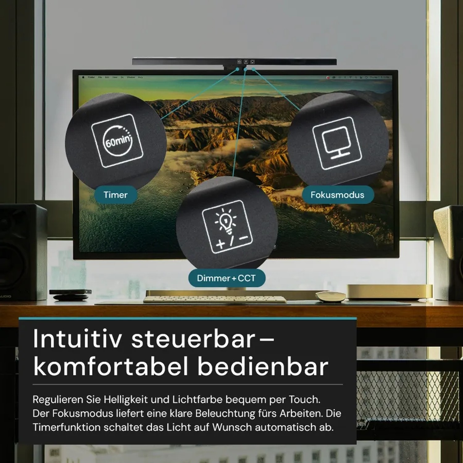 Schwarze LUXULA Monitorleuchte mit Touch-Bedienfeld zur Dimmung und Farbtemperatur-Anpassung.